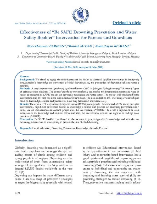 (PDF) Effectiveness of “Be SAFE Drowning Prevention and Water Safe-ty ...