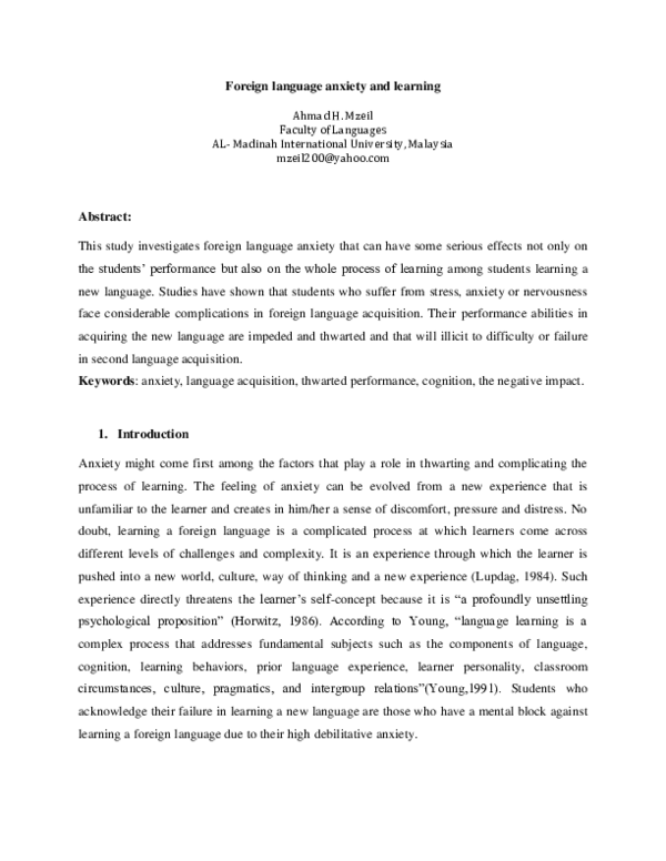 (PDF) Foreign language anxiety and learning