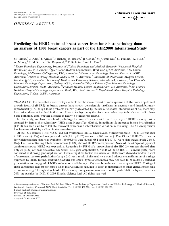 (PDF) Predicting the HER2 status of breast cancer from basic ...