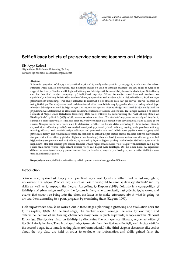 (PDF) Self-efficacy beliefs of pre-service science teachers on fieldtrips
