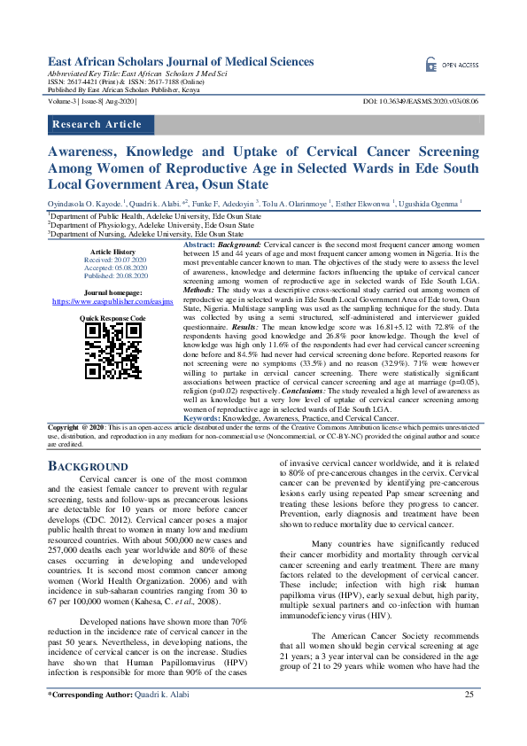 (PDF) Awareness, Knowledge and Uptake of Cervical Cancer Screening ...