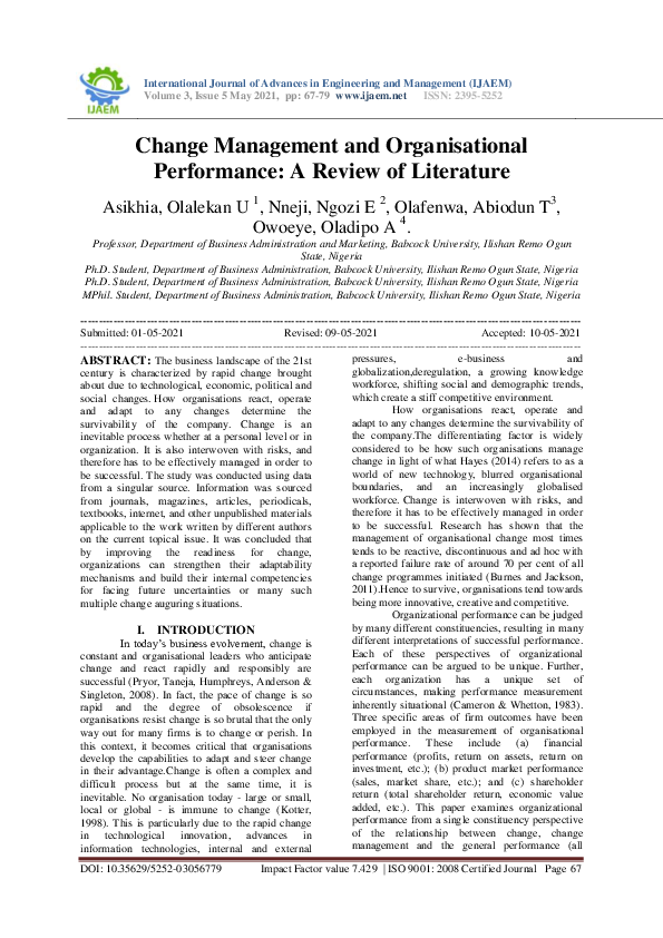 (PDF) Change Management and Organisational Performance: A Review of ...