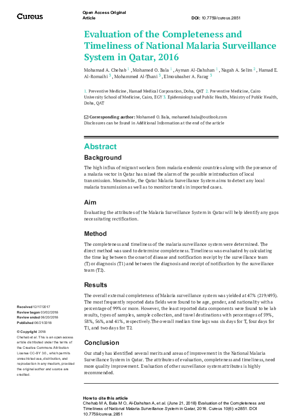 (PDF) Assessing Completeness and Timeliness of Qatar's Malaria Surveillance