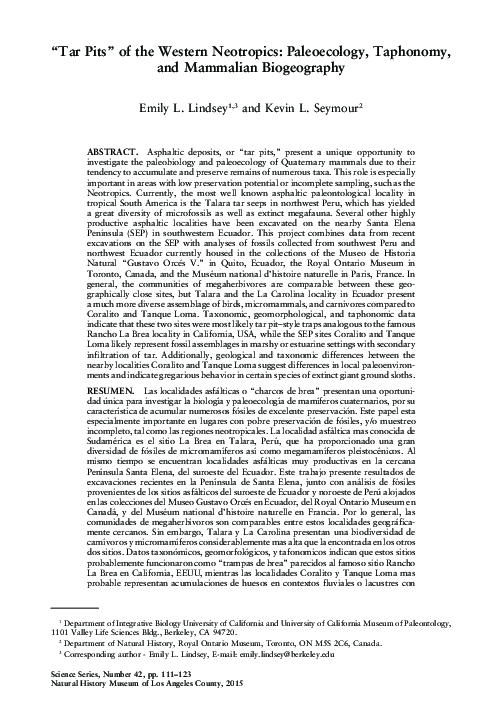 (PDF) Tar Pits" of the Western Neotropics: Paleoecology, Taphonomy, and ...