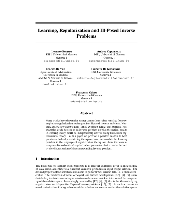 (PDF) Learning, Regularization and Ill-Posed Inverse Problems
