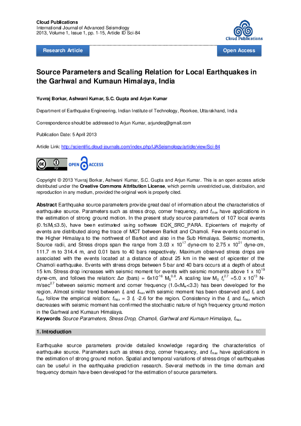 (PDF) Source Parameters and Scaling Relation for Local Earthquakes in ...