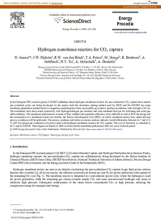 (PDF) Hydrogen membrane reactors for CO 2 capture