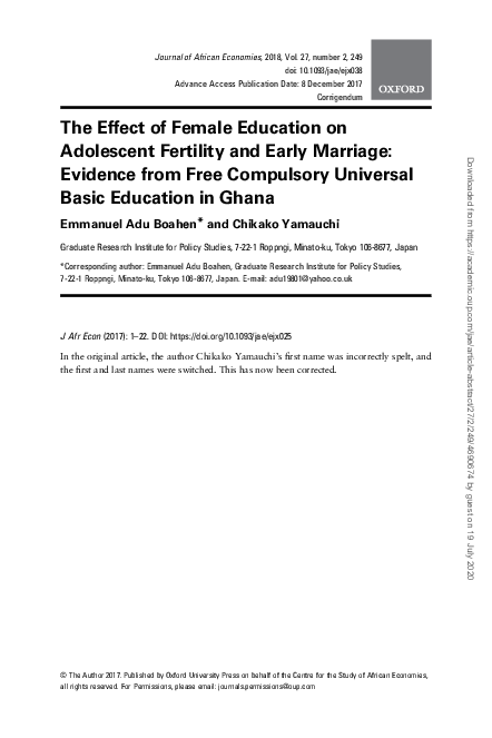 (PDF) The Effect of Female Education on Adolescent Fertility and Early ...