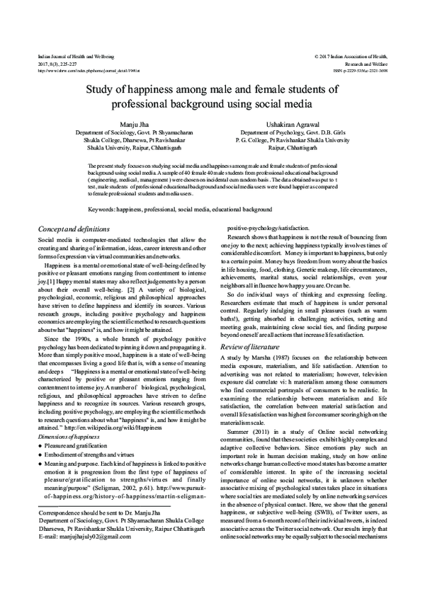(PDF) Study of Happiness among Male and Female Students of Professional ...