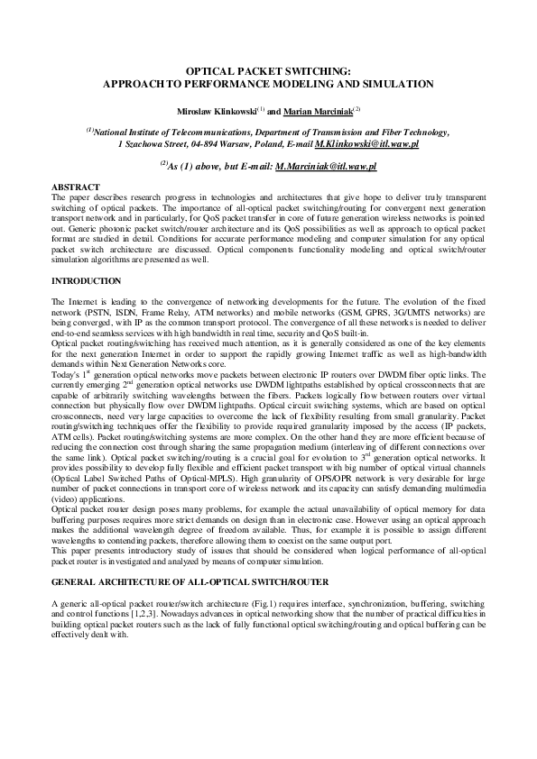 (PDF) Optical Packet Switching:Approach to Performance Modeling and ...