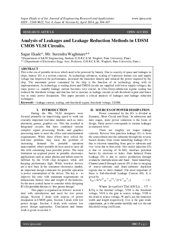 (PDF) Analysis of Leakages and Leakage Reduction Methods in UDSM CMOS ...
