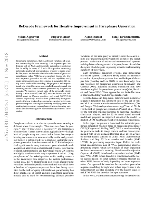 (PDF) ReDecode Framework for Iterative Improvement in Paraphrase Generation