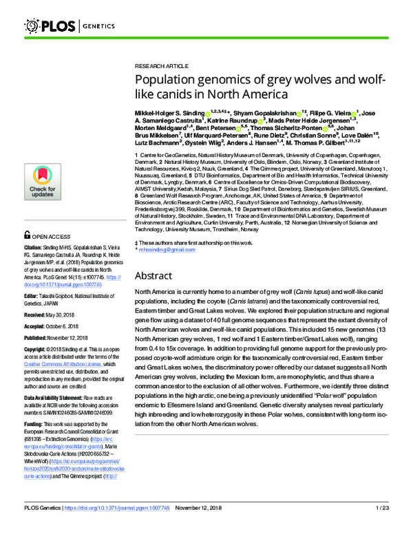 (PDF) Population genomics of grey wolves and wolf-like canids in North ...