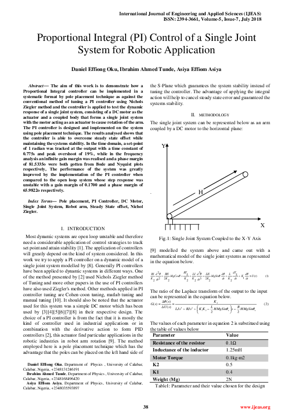 (PDF) Proportional Integral (PI) Control of a Single Joint System for ...