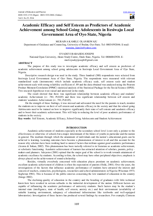 (PDF) Academic Efficacy and Self Esteem as Predictors of Academic ...