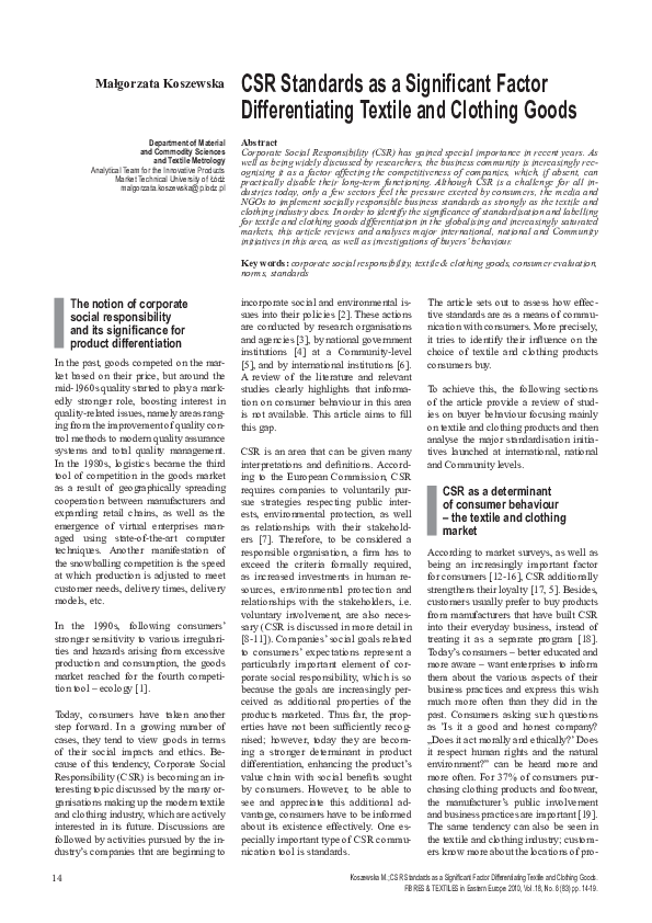 (PDF) CSR Standards as a Significant Factor Differentiating Textile and ...