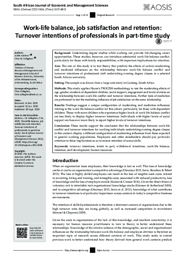 (PDF) Work-life balance, job satisfaction and retention: Turnover ...