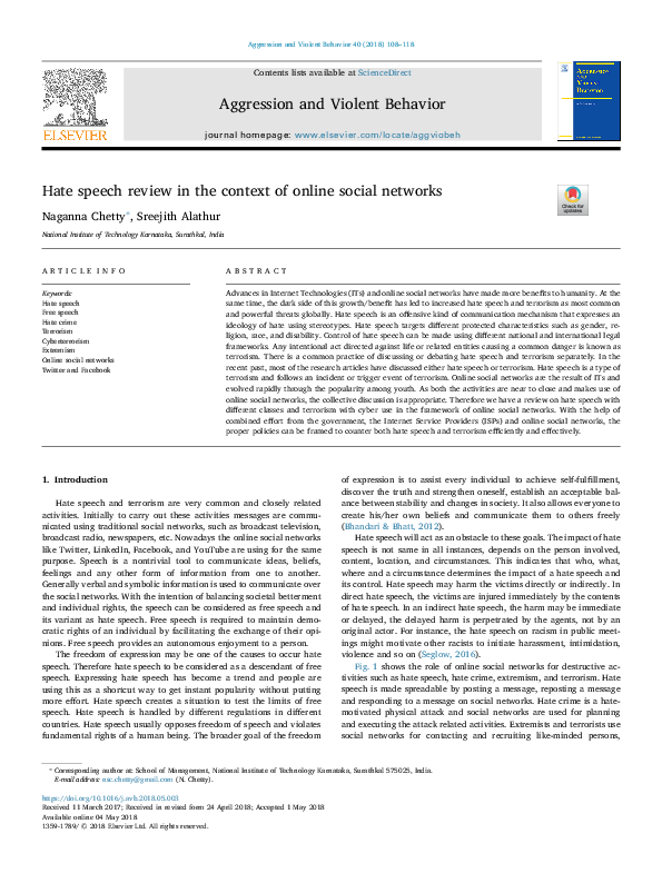 (PDF) Hate speech review in the context of online social networks
