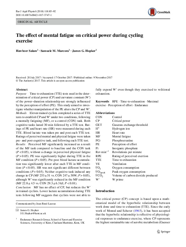 (PDF) The effect of mental fatigue on critical power during cycling ...
