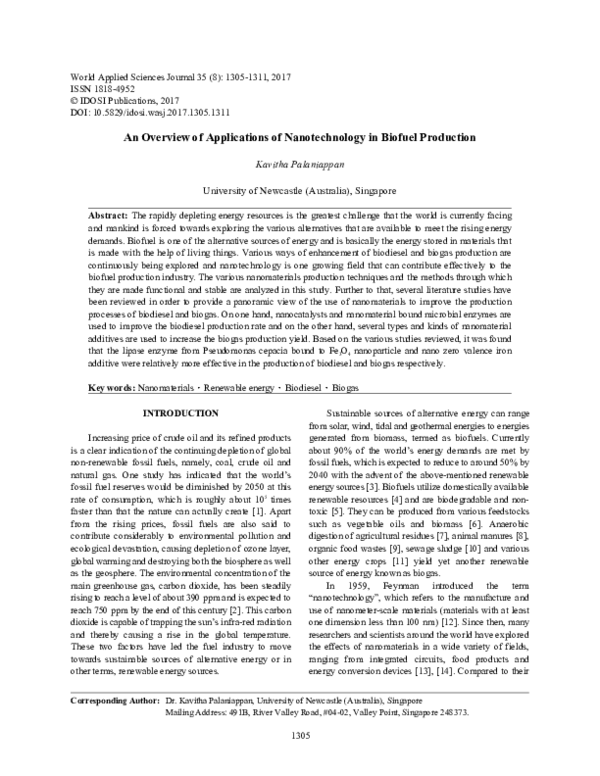 (PDF) An Overview of Applications of Nanotechnology in Biofuel Production