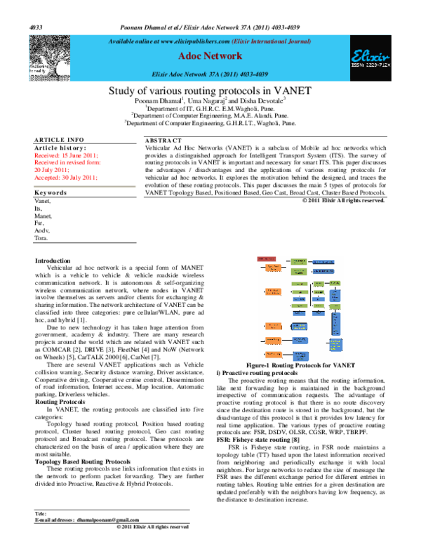 (PDF) Study of Various Routing Protocols in VANET