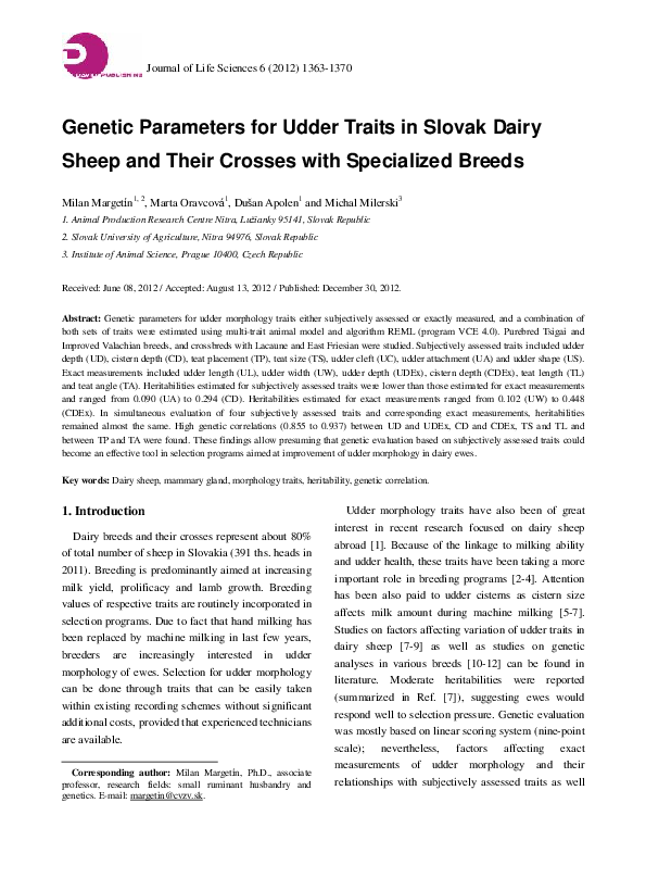 (PDF) Genetic Parameters for Udder Traits in Slovak Dairy Sheep and ...