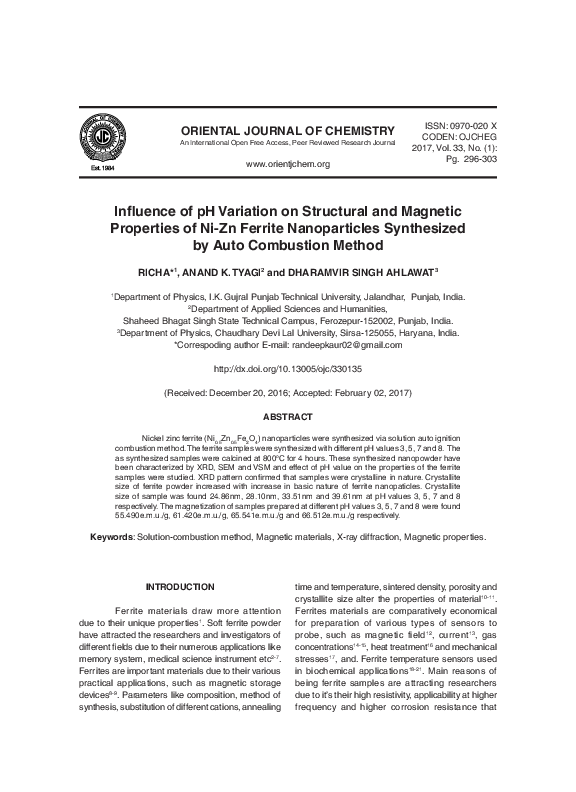 (PDF) Influence of pH Variation on Structural and Magnetic Properties ...