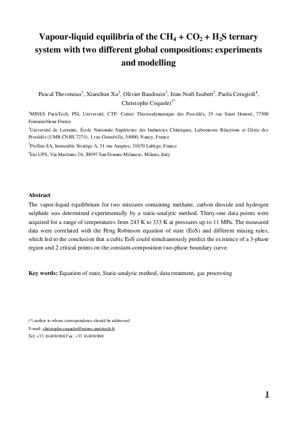 (PDF) Vapor–Liquid Equilibria of the CH4 + CO2 + H2S Ternary System ...