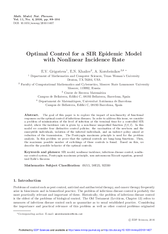 (PDF) Optimal Control for a SIR Epidemic Model with Nonlinear Incidence ...