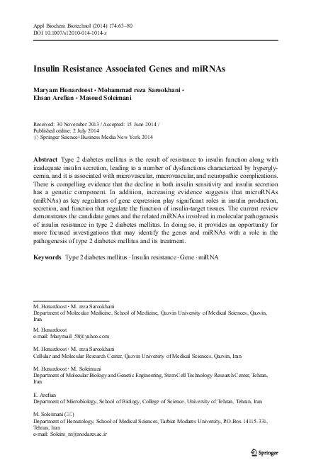 (PDF) Insulin Resistance Associated Genes and miRNAs