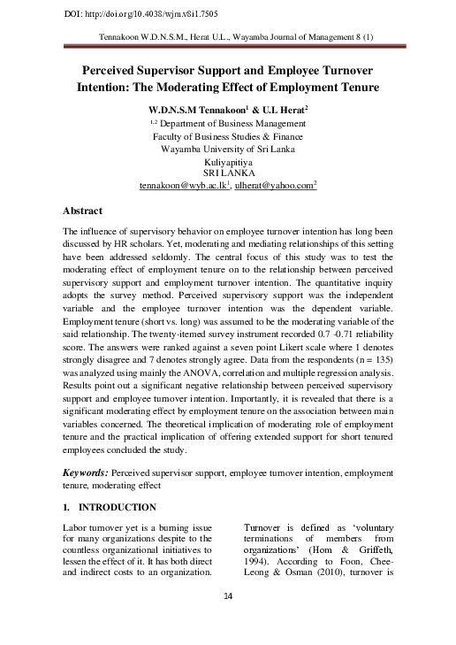 (PDF) Perceived Supervisor Support and Employee Turnover Intention: The ...