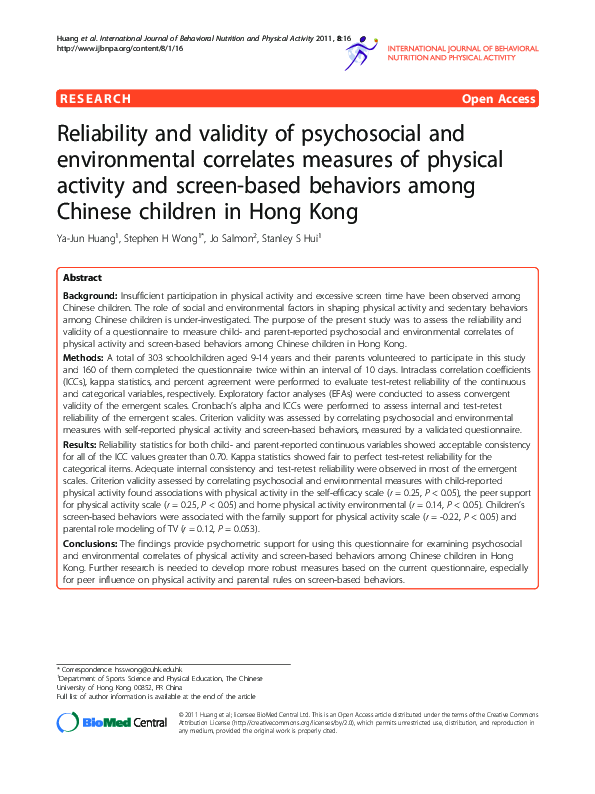 (PDF) Reliability and validity of psychosocial and environmental ...
