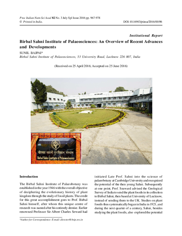 (PDF) Birbal Sahni Institute of Palaeosciences: An Overview of Recent ...