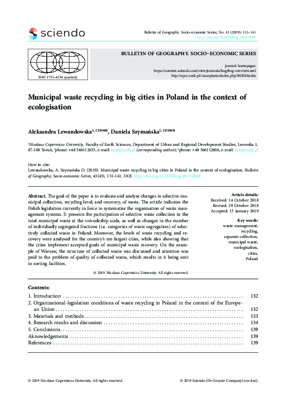 (PDF) Municipal waste recycling in big cities in Poland in the context ...