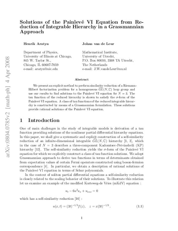 (PDF) Solutions of the Painlevé VI equation from reduction of ...