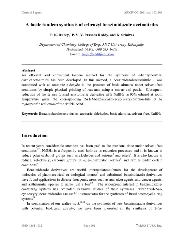 (PDF) A facile tandem synthesis of α-benzyl benzimidazole acetonitriles