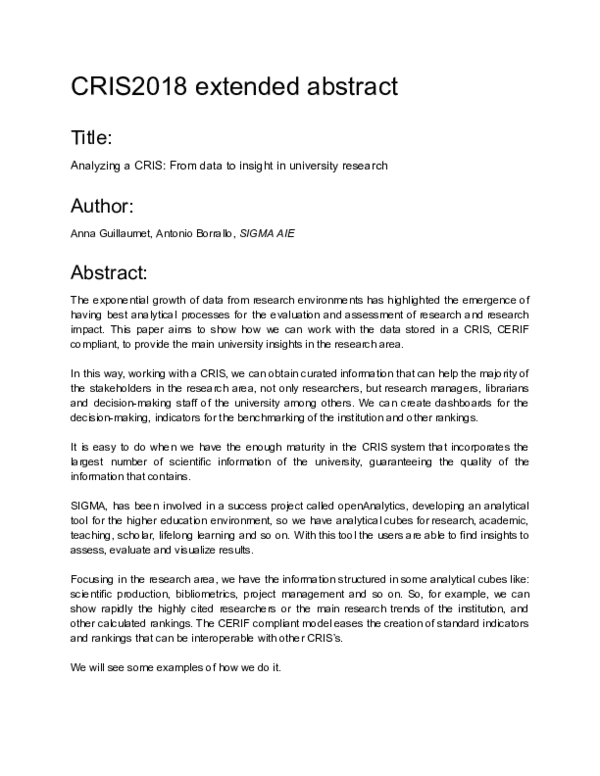 (PDF) Analyzing a CRIS: From data to insight in university research