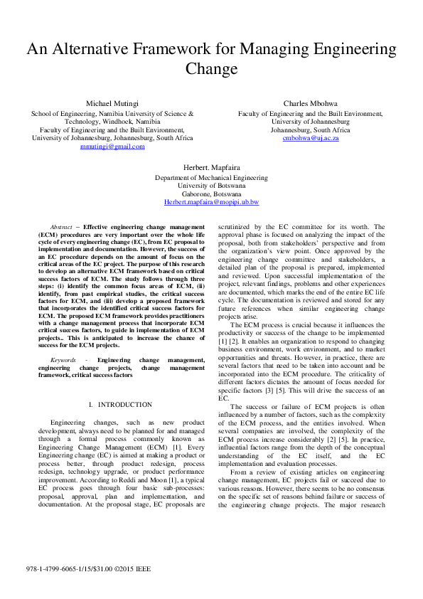 (PDF) An alternative framework for managing engineering change