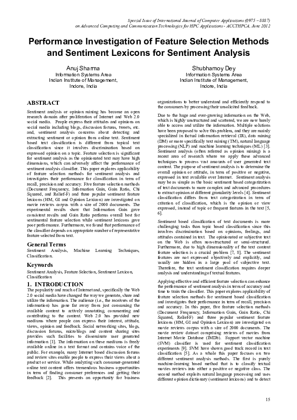(PDF) Performance Investigation of Feature Selection Methods