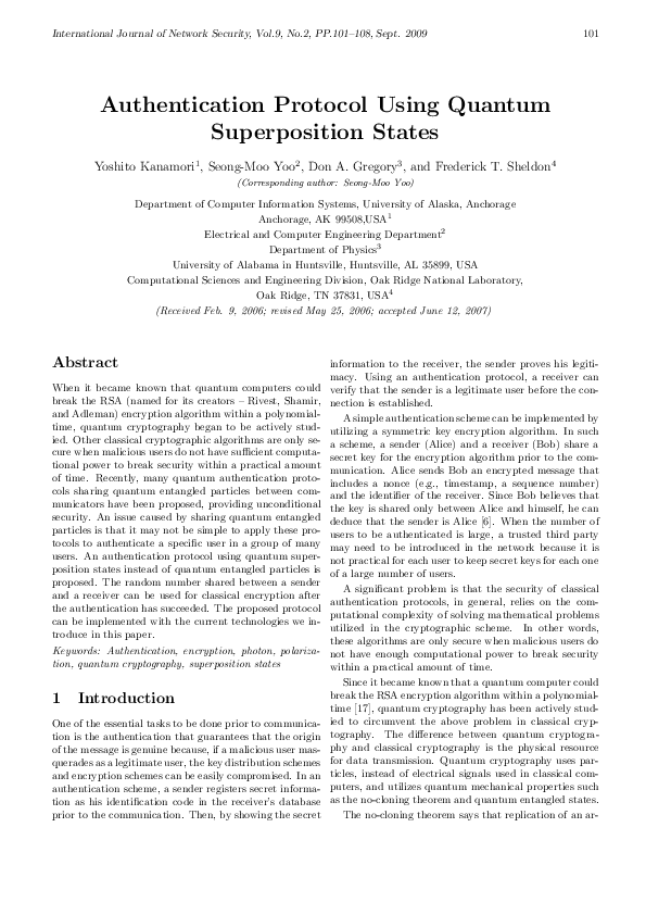 (PDF) Authentication protocol using quantum superposition states