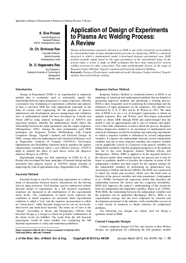 (PDF) Application of design of experiments to plasma Arc Welding