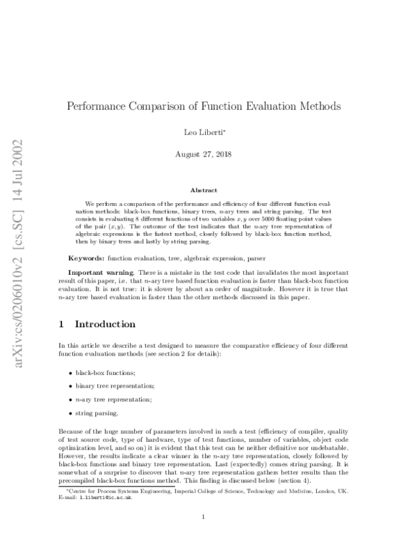 (PDF) Performance Comparison of Function Evaluation Methods