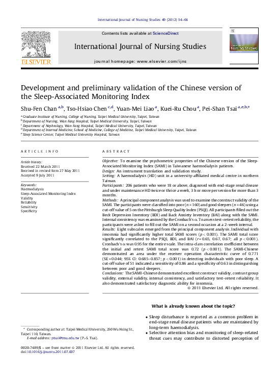 (PDF) Development and preliminary validation of the Chinese version of ...