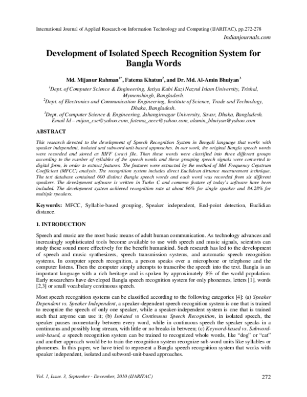 (PDF) Development of Isolated Speech Recognition System for Bangla Words
