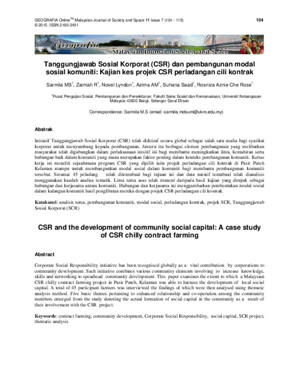 (PDF) Tanggungjawab Sosial Korporat (CSR) dan pembangunan modal sosial ...