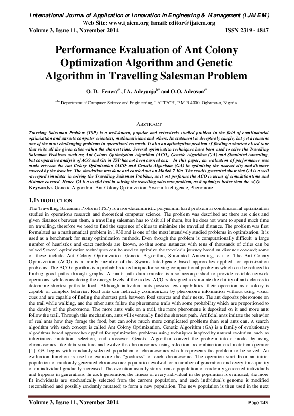 (PDF) Performance Evaluation of Ant Colony Optimization Algorithm and ...