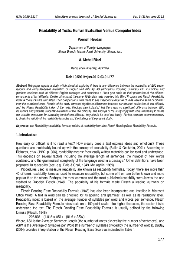 (PDF) Readability of Texts: Human Evaluation Versus Computer Index