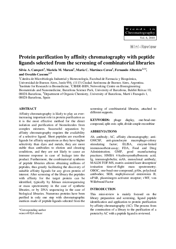 (PDF) Protein purification by affinity chromatography with peptide ...