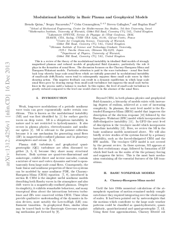 (PDF) Modulational Instability in Basic Plasma and Geophysical Models