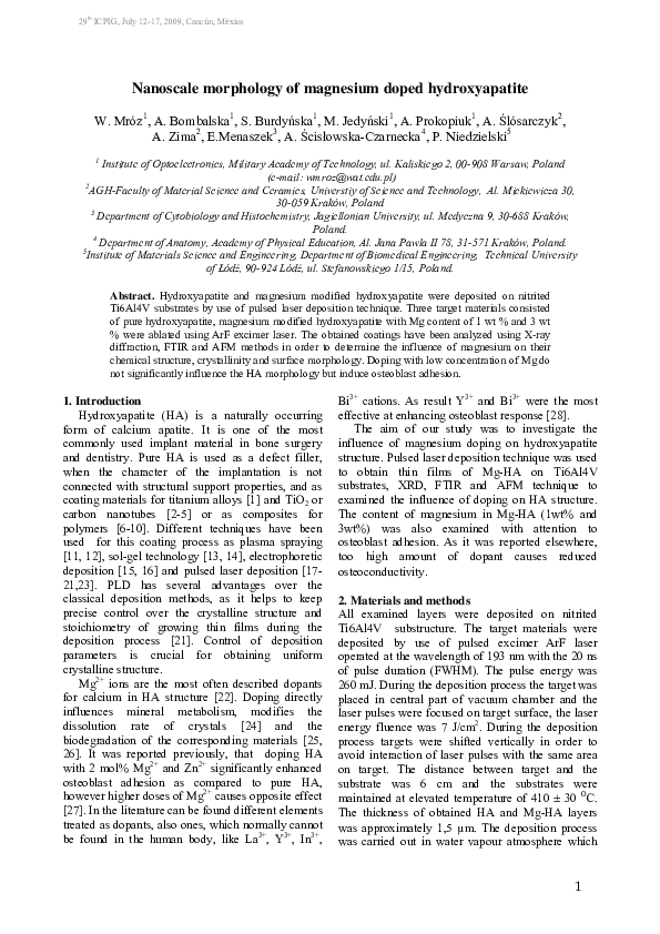 (PDF) Nanoscale morphology of magnesium doped hydroxyapatite